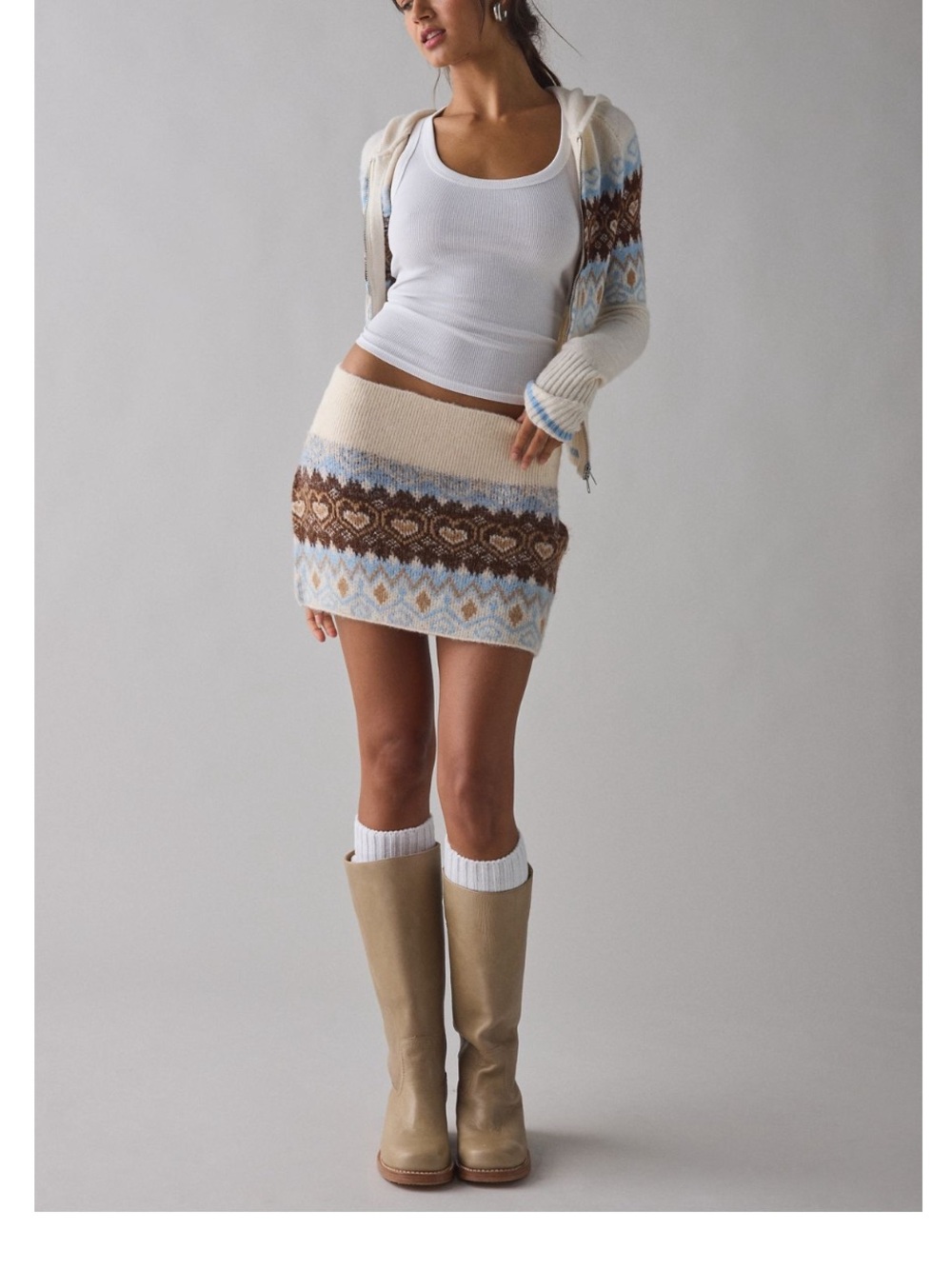 NWT BDG Northern Lights Fair Isle Knit Mini Skirt in Cream/Brown/Blue LG